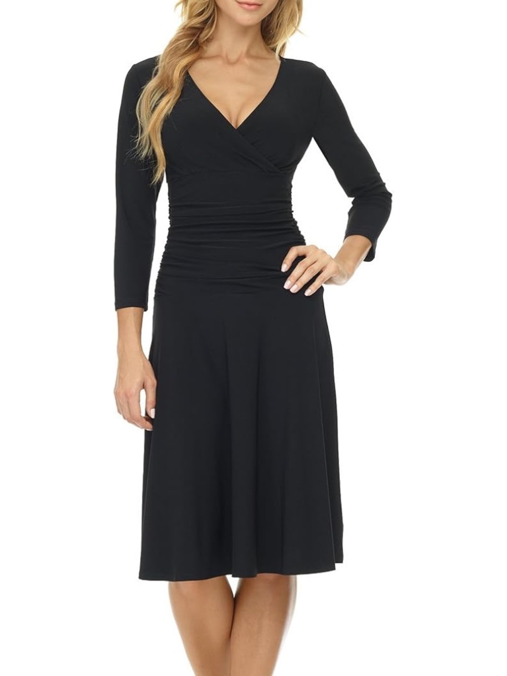 Black Long-Sleeve V-Neck Midi Dress